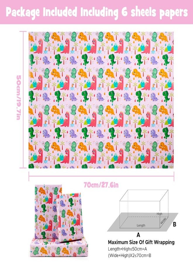 AircooL Pink Dinosaur Wrapping Paper for Girl Kids Boys, 6 Sheets Pink Dino Jurassic Birthday Gift Wrap Paper, 20 x 30 inch Per Sheet Gift Paper for Birthday, Baby Shower, Kindergarten Newborn - Image 2